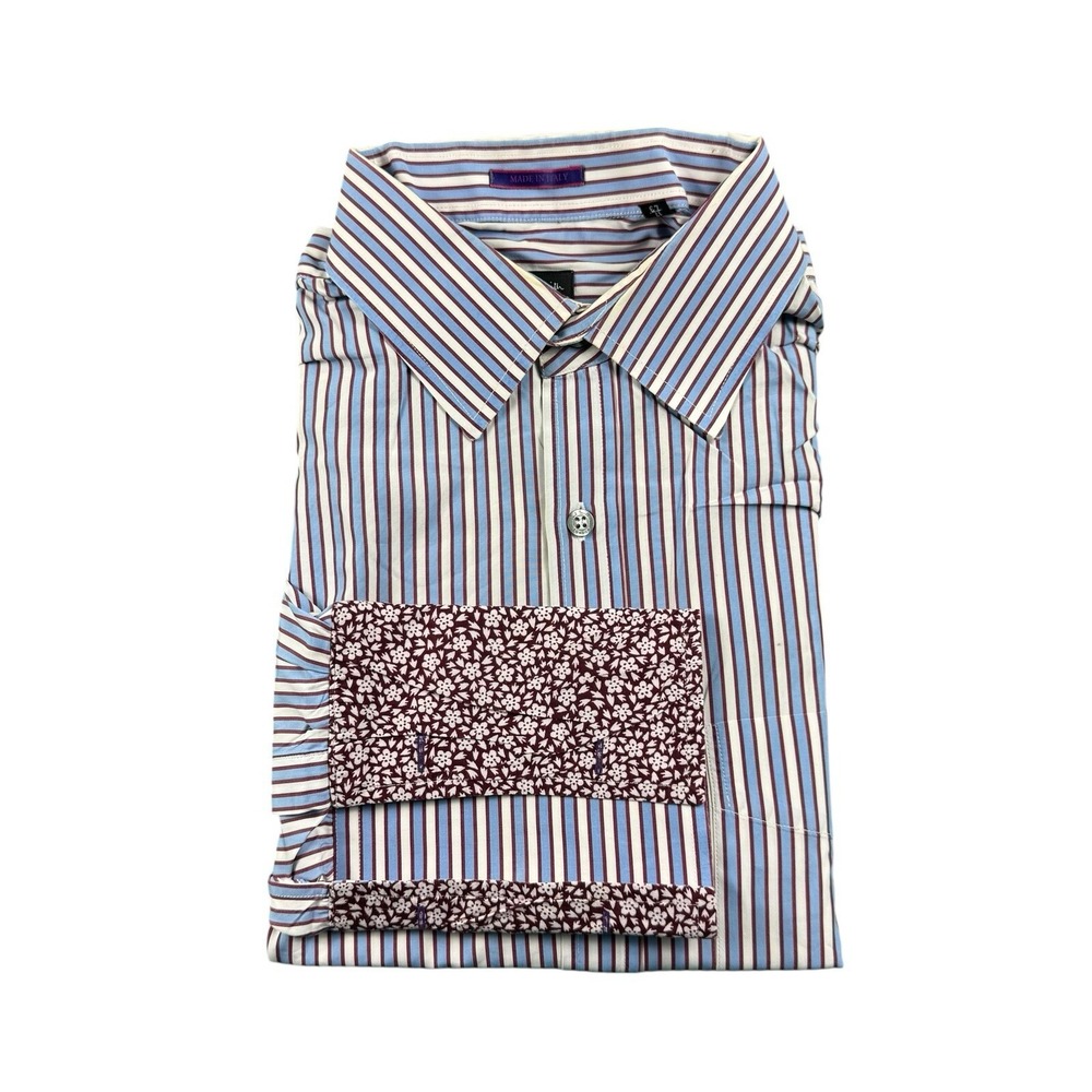 Paul Smith Mens Striped Dress Shirt 17 43 Red Blue White Floral Cuffs Italy